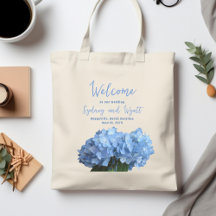 Willkommen Hochzeitstaschen Blaue Hortensien Blume