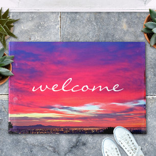 Willkommen Hot Pink Blue Clouds Sunset Foto Modern Fußmatte