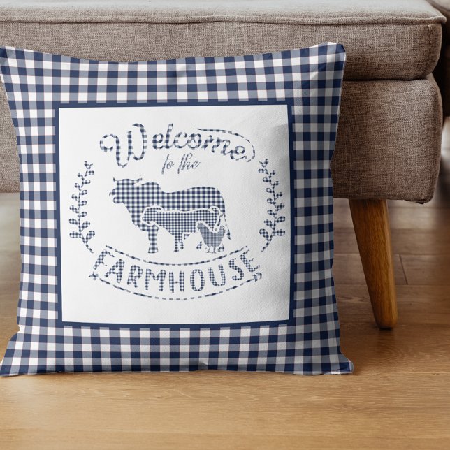 Willkommen im Bauernhaus Blue Gingham Kissen (Von Creator hochgeladen)