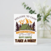 Willkommen im Camp Quitcherbitchin Happy Camper Postkarte (Stehend Vorderseite)