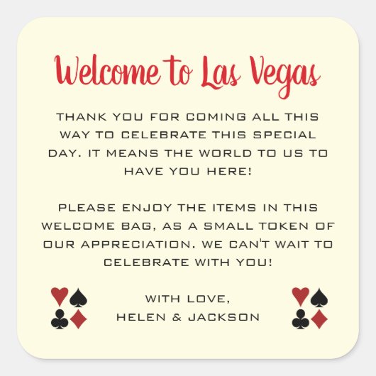 Willkommen in Las Vegas Wedding Welcome Basket Quadratischer Aufkleber (Vorderseite)