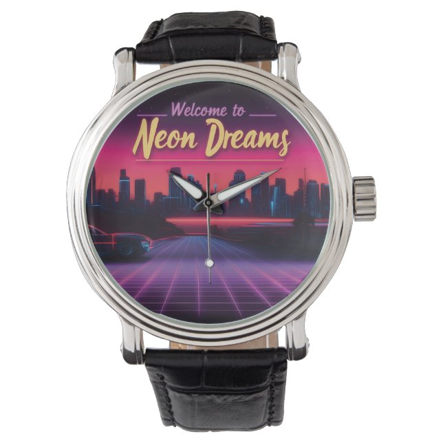 Willkommen in Neon Dreams - Retro Wave Cityscape Armbanduhr (Vorderseite)