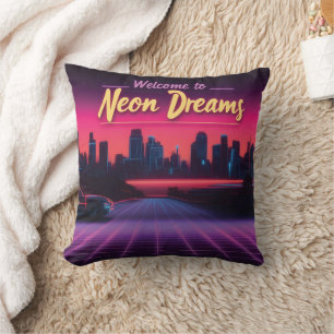 Willkommen in Neon Dreams - Retro Wave Cityscape Kissen