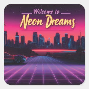 Willkommen in Neon Dreams - Retro Wave Cityscape Quadratischer Aufkleber