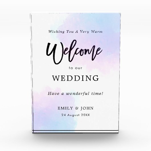 Willkommen in unserer Hochzeitspastel Lilac Wasser Fotoblock (Vorderseite)