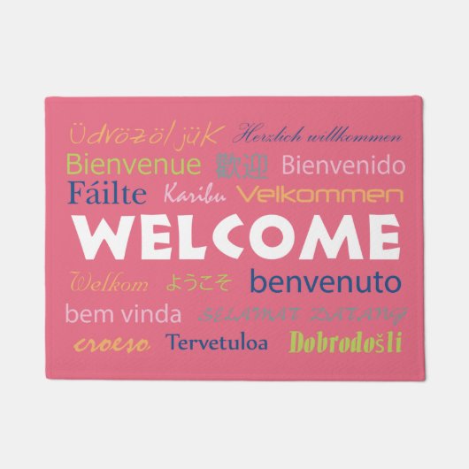 Willkommen in vielen Sprachen Rosa Hintergrund Doo Fußmatte (Vorderseite)