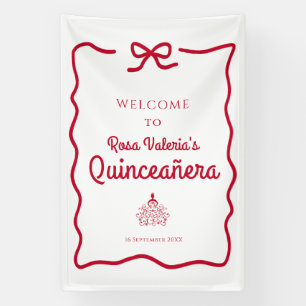 Willkommen in White and Red Quinceñera Banner