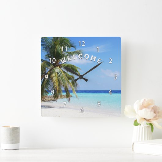 Willkommen Island Beach Palm Tree Wall Uhr (Zuhause)