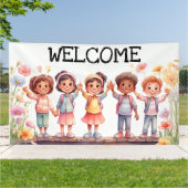 Willkommen; Kinder mit Blume Banner (Außenbereich)