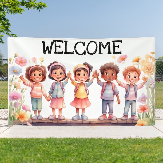 Willkommen; Kinder mit Blume Banner (Außenbereich)