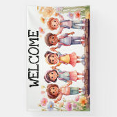 Willkommen; Kinder mit Blume Banner (Vertikal)