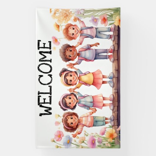 Willkommen; Kinder mit Blume Banner (Vertikal)