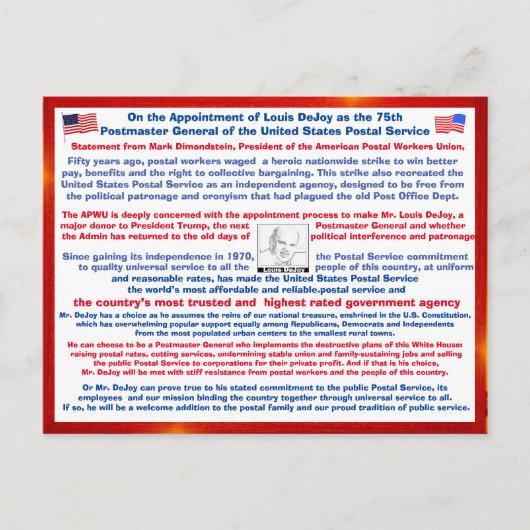 Willkommen Louis DeJoy beim USPS#108 Postkarte (Vorderseite)