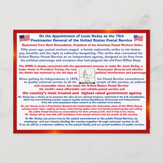 Willkommen Louis DeJoy beim USPS Postkarte (Vorderseite)