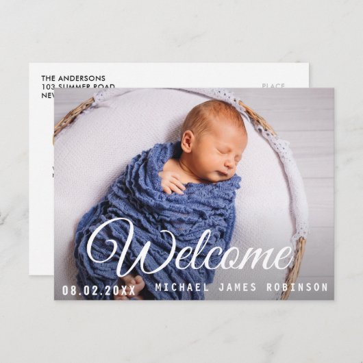 WILLKOMMEN, lustiges Skript Baby Ankündigung Postk Postkarte (Vorne/Hinten)