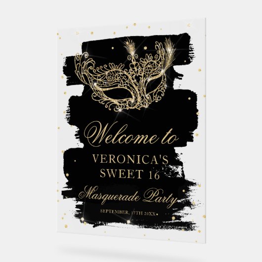 Willkommen Masquerade schwarzen Glitzer Sweet 16 Acrylschild (Winkel)