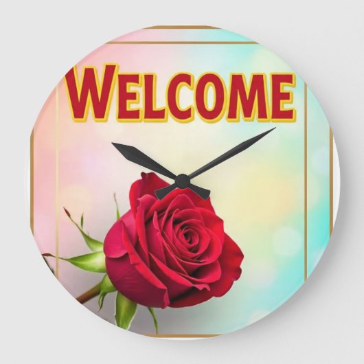 Willkommen mit Rose darauf Große Wanduhr (Vorderseite)