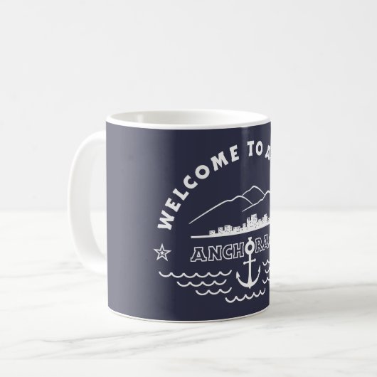 Willkommen nach Alaska. Anchorage - weißes Logo Kaffeetasse (Vorderseite Links)