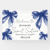 Willkommen Navy Blue Bow Coquette Script Sweet 16 Banner (Horizontal)