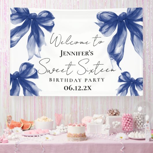 Willkommen Navy Blue Bow Coquette Script Sweet 16 Banner (Party)