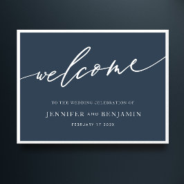 willkommen | Navy Blue Calligraphy Simple Wedding Poster
