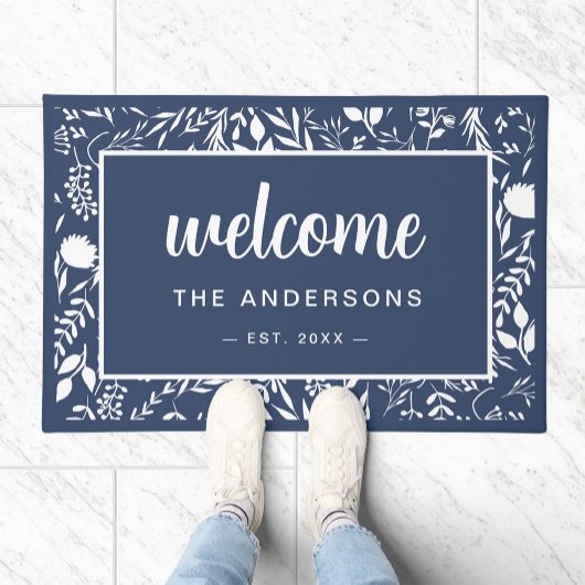 Willkommen Navy Blue Floral Personalisiert Fußmatte