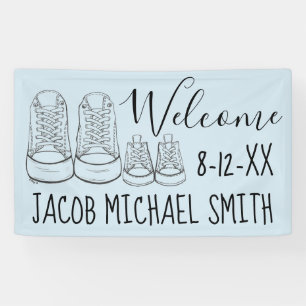 WILLKOMMEN Neue Anreise Baby Schuhe Dusche Blau Banner