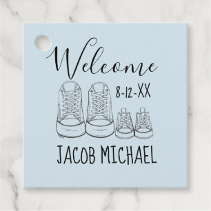 WILLKOMMEN Neue Anreise Baby Schuhe Dusche Blau Geschenkanhänger