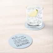 WILLKOMMEN Neue Anreise Baby Schuhe Dusche Blau Runder Pappuntersetzer (Vor Ort)