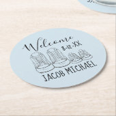 WILLKOMMEN Neue Anreise Baby Schuhe Dusche Blau Runder Pappuntersetzer (Angewinkelt)