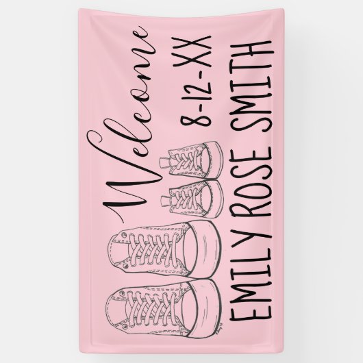 WILLKOMMEN Neue Anreise Baby Schuhe Dusche Rosa Banner (Vertikal)