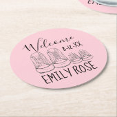 WILLKOMMEN Neue Anreise Baby Schuhe Dusche Rosa Runder Pappuntersetzer (Angewinkelt)