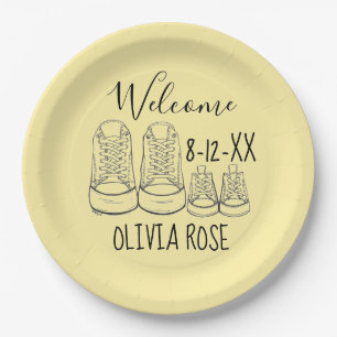 WILLKOMMEN Neue Anreise Kinderschuhe Dusche gelb Pappteller