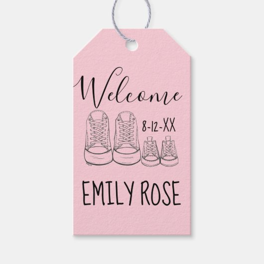 WILLKOMMEN Neue Anreise Kinderschuhe Dusche Pink G Geschenkanhänger (Vorderseite)