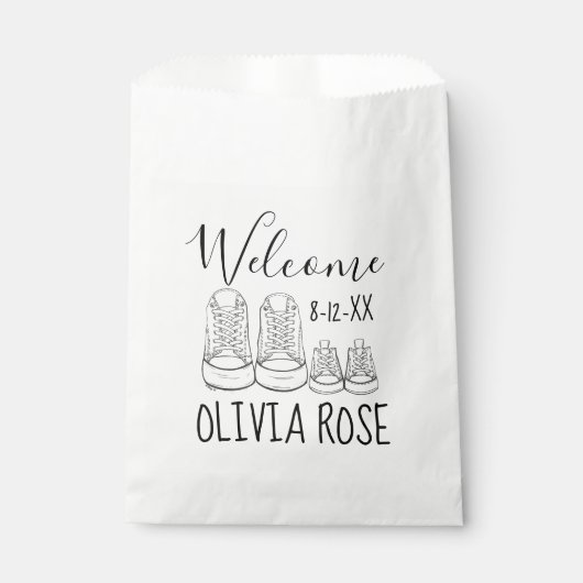 WILLKOMMEN Neue Anreise Kinderschuhe Dusche Taufe Geschenktütchen (Vorderseite)