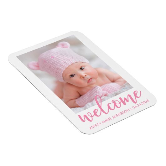 Willkommen Neue Baby Ankündigung Pink Script Magnet (Rechte Seite)