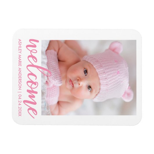 Willkommen Neue Baby Ankündigung Pink Script Magnet (Horizontal)