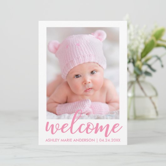 Willkommen Neue Baby Ankündigung Script rosa Punkt (Stehend Vorderseite)