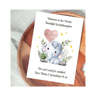 Willkommen neue Baby-Mädchen-Enkelin-Elefantenkart Karte