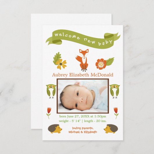 Willkommen Neue Baby Woodland - 3x5 Geburtserkläru Ankündigung (Vorne/Hinten)