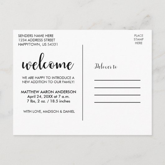 Willkommen Neues Baby Modernes Schwarzes Script Ankündigungspostkarte (Rückseite)