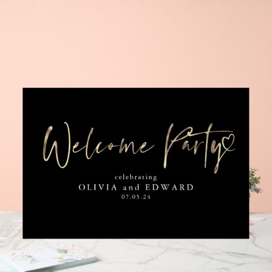 Willkommen Party Signieren Schwarz und Gold Acrylschild (Hochzeit)