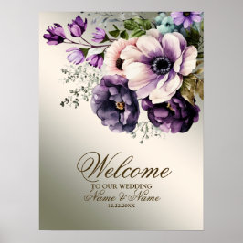 Willkommen Partys Aquarell Lila Rosa Blume Gold Poster
