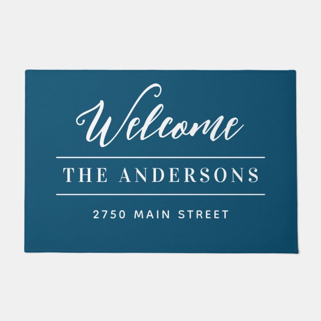 Willkommen Personalisierter Familientitel Blue & W Fußmatte (Vorderseite)