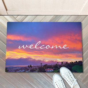 Willkommen Pink Blau Gelb Sonnenuntergang Küste Fo Fußmatte
