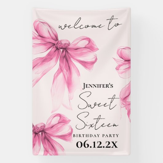 Willkommen Pink Bow Coquette Script Sweet 16 Blush Banner (Vertikal)
