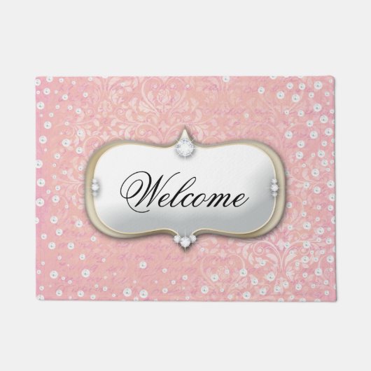 Willkommen Pink Damast Perlen Monogramm Türmatte (Vorderseite)