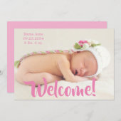Willkommen Pink Foto Script Personalize Girl Birth Ankündigung (Vorne/Hinten)