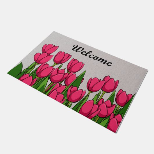 Willkommen Pink Tulip Garden Mat, Tulip Blume Fußmatte (Schrägansicht)