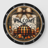 Willkommen Plaid-Kürbisse Große Wanduhr (Vorderseite)